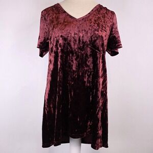 Spring & Mercer Velvet Legging‎ Tee Women's Small Bordeaux V Neck Short Sleeve